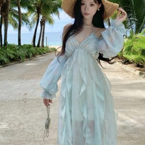 Backless Ruffled Camisole Dress for Women - Summer Beach Vacation Dress with Atmospheric Fairy Style