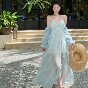 Backless Ruffled Camisole Dress for Women - Summer Beach Vacation Dress with Atmospheric Fairy Style