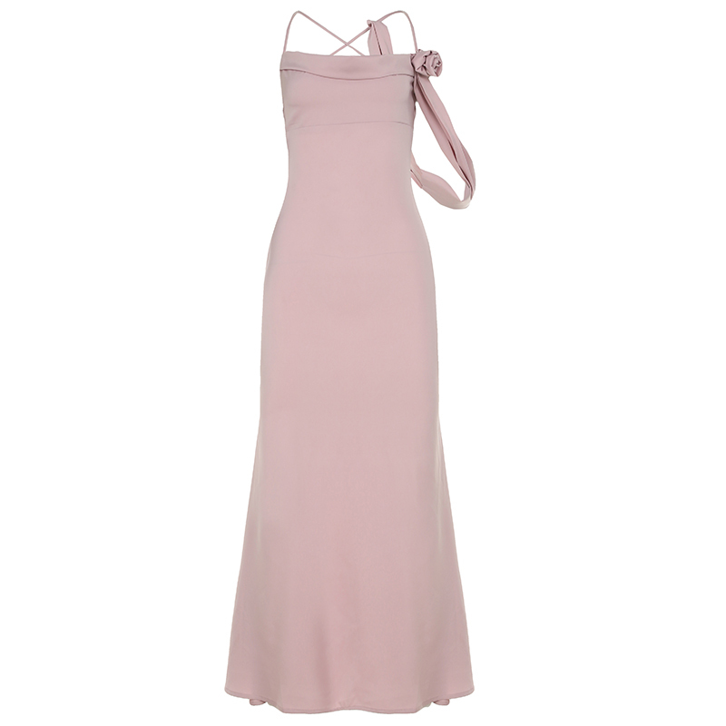 Backless Sling Long Dress in Lotus Pink with Three-Dimensional Rose, Mermaid Style, Elegant Design for Evening Wear, Y2K Fashion