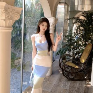 Backless Spaghetti Strap Dress in Contrasting Colors - French Romantic Summer Long Dress for Beach Vacation