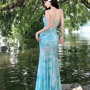 Backless Spaghetti Strap Dress with Butterfly Design - Sexy Summer Mesh Mermaid Skirt Beach Bodycon Dress for Vacation