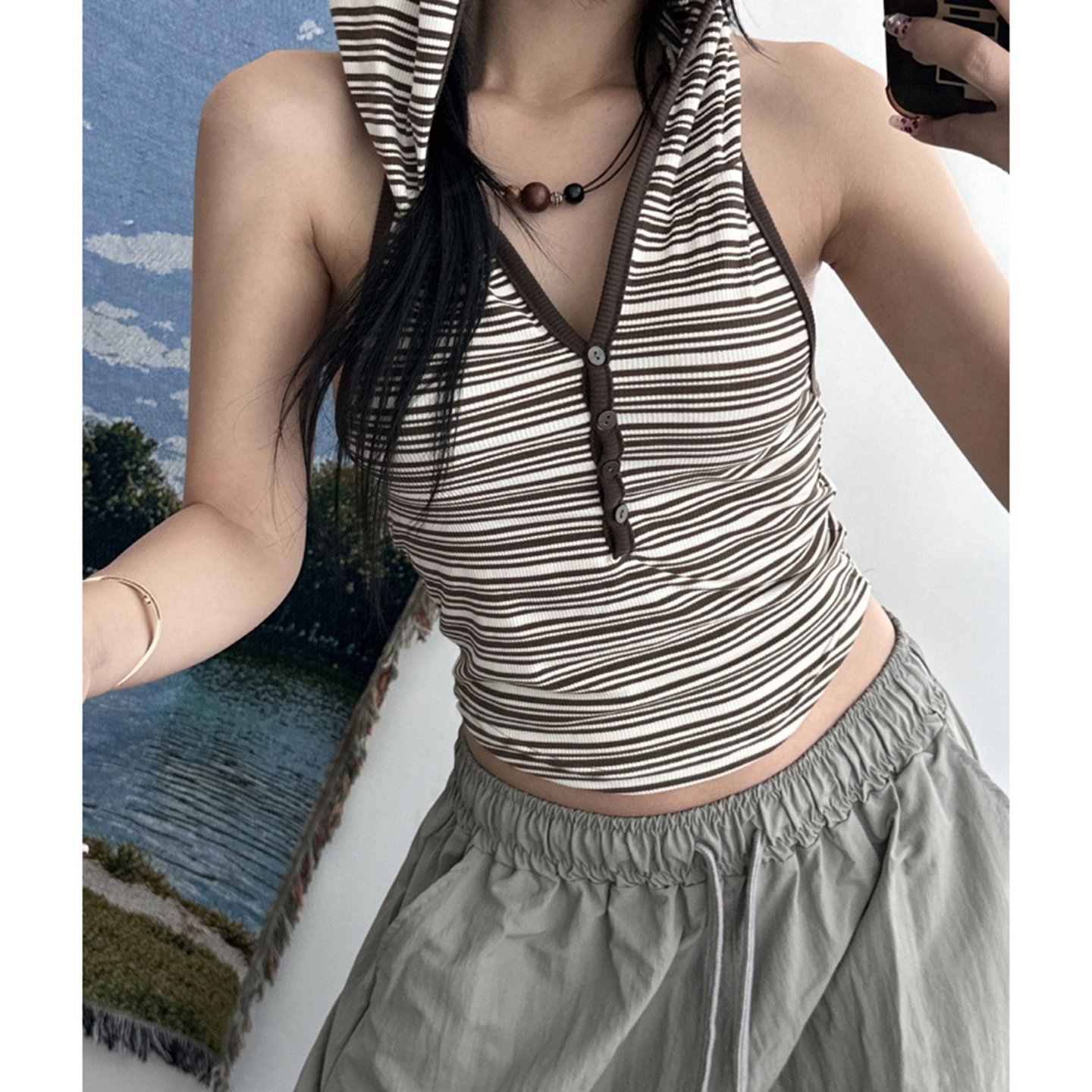 Backless Striped Hooded Vest for Women - American Vintage Slim Knit Ribbed Top, Sexy Y2K Style