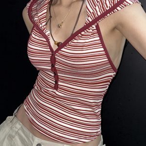 Backless Striped Hooded Vest for Women - American Vintage Slim Knit Ribbed Top, Sexy Y2K Style