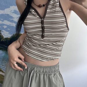 Backless Striped Hooded Vest for Women - American Vintage Slim Knit Ribbed Top, Sexy Y2K Style