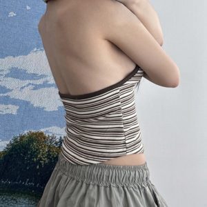 Backless Striped Hooded Vest for Women - American Vintage Slim Knit Ribbed Top, Sexy Y2K Style