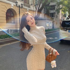 Backless Twisted Half-High Collar Retro Bodycon Dress in Melade Color - Autumn Winter Fashion