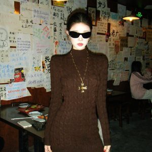 Backless Twisted Half-High Collar Retro Bodycon Dress in Melade Color - Autumn Winter Fashion
