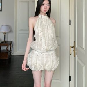 Backless White Polka Dot Mesh Halter Dress - Sexy Short Skirt with Waist-Cinching Spliced Puff Style for a Hot Girl Look