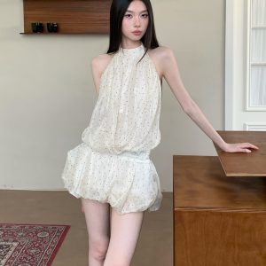 Backless White Polka Dot Mesh Halter Dress - Sexy Short Skirt with Waist-Cinching Spliced Puff Style for a Hot Girl Look