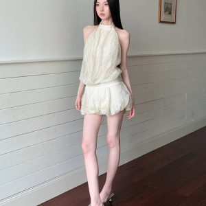 Backless White Polka Dot Mesh Halter Dress - Sexy Short Skirt with Waist-Cinching Spliced Puff Style for a Hot Girl Look