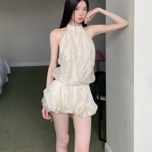 Backless White Polka Dot Mesh Halter Dress - Sexy Short Skirt with Waist-Cinching Spliced Puff Style for a Hot Girl Look