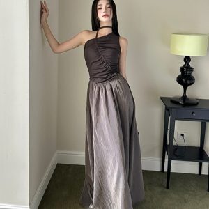 Bamboo Fiber Satin Asymmetrical Sleeveless Dress with Irregular Patchwork, Color-Blocking, and Pleated Design - Long Skirt Fashion Piece
