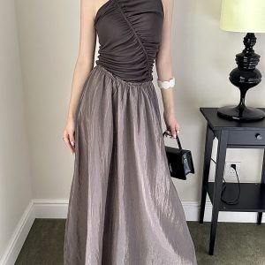 Bamboo Fiber Satin Asymmetrical Sleeveless Dress with Irregular Patchwork, Color-Blocking, and Pleated Design - Long Skirt Fashion Piece