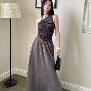 Bamboo Fiber Satin Asymmetrical Sleeveless Dress with Irregular Patchwork, Color-Blocking, and Pleated Design - Long Skirt Fashion Piece