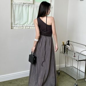 Bamboo Fiber Satin Asymmetrical Sleeveless Dress with Irregular Patchwork, Color-Blocking, and Pleated Design - Long Skirt Fashion Piece