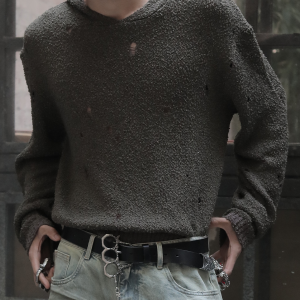 Battle-Damaged Sweater - Naturally Distressed Textured Fleece, Short and Wide, Edgy Vintage Style