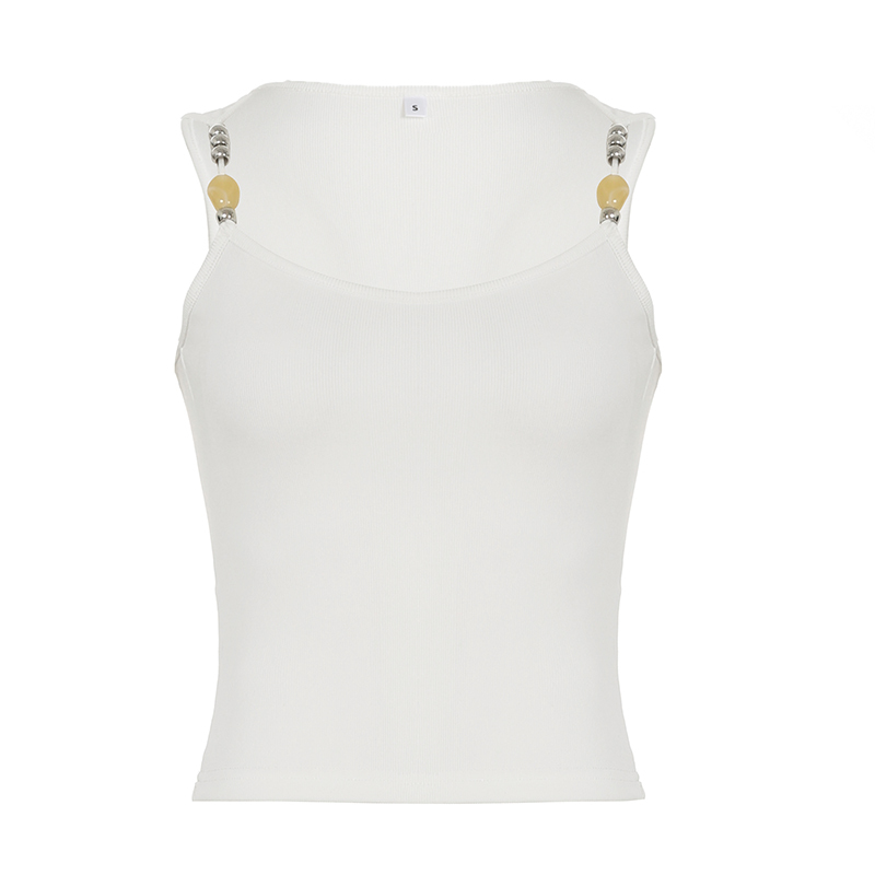 Beaded Patchwork Ribbed Knit Tank Top - Slim Fit European American Street Style Fashion
