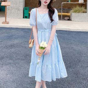 Beautiful Blue Chiffon Dress for Women - Summer 2025 Long French Vacation Style, Youthful & Trendy Fashion for 90s Inspired Looks