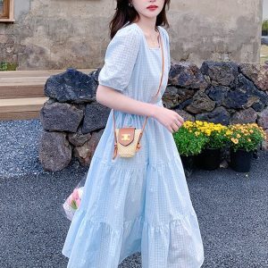 Beautiful Blue Chiffon Dress for Women - Summer 2025 Long French Vacation Style, Youthful & Trendy Fashion for 90s Inspired Looks