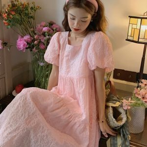 Beautiful Pink Bubble Sleeve Square Neck Dress for Women - Loose Fairy Style Summer 2025 Fashion