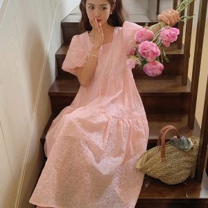 Beautiful Pink Bubble Sleeve Square Neck Dress for Women - Loose Fairy Style Summer 2025 Fashion