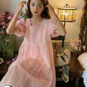 Beautiful Pink Bubble Sleeve Square Neck Dress for Women - Loose Fairy Style Summer 2025 Fashion