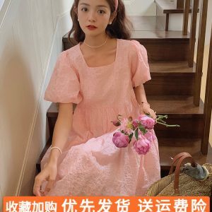 Beautiful Pink Bubble Sleeve Square Neck Dress for Women - Loose Fairy Style Summer 2025 Fashion