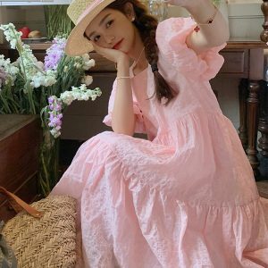 Beautiful Pink Bubble Sleeve Square Neck Dress for Women - Loose Fairy Style Summer 2025 Fashion