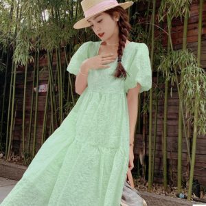 Beautiful Pink Bubble Sleeve Square Neck Dress for Women - Loose Fairy Style Summer 2025 Fashion
