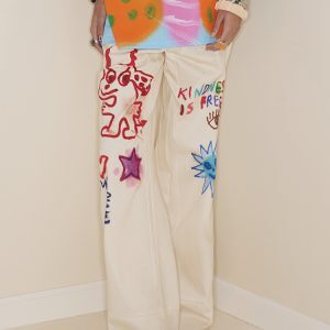 Beige Graffiti Print Floor-Length Straight High-Waisted Jeans - Artist Original, Urban Style, Trendy Streetwear Fashion
