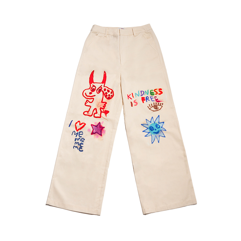 Beige Graffiti Print Floor-Length Straight High-Waisted Jeans - Artist Original, Urban Style, Trendy Streetwear Fashion