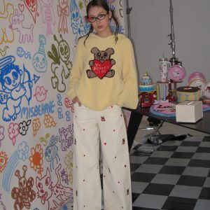 Beige Heart Bear Half-Velvet Pajama Set - Cozy Loungewear for Relaxation and Sleep, Perfect for Y2K and Comfortable Style