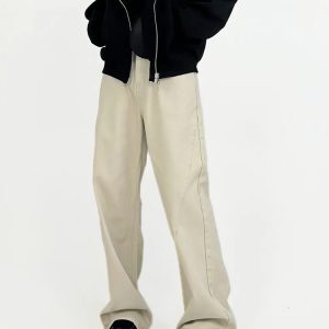 Beige High Street Loose Fit Straight Leg Denim Pants for Men - Retro Casual Trousers, 90s Inspired Style