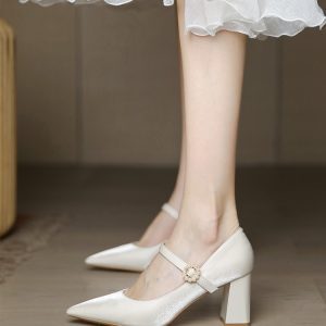 Beige Mary Jane Chunky Heel Shoes for Women - French Style Bridesmaid and Wedding Footwear for Daily Wear 2025