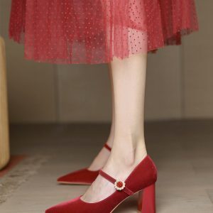 Beige Mary Jane Chunky Heel Shoes for Women - French Style Bridesmaid and Wedding Footwear for Daily Wear 2025