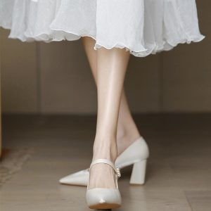 Beige Mary Jane Chunky Heel Shoes for Women - French Style Bridesmaid and Wedding Footwear for Daily Wear 2025