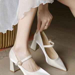Beige Mary Jane Chunky Heel Shoes for Women - French Style Bridesmaid and Wedding Footwear for Daily Wear 2025