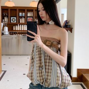 Beige Plaid Patchwork Vintage Floral Strapless Top for Women - Summer Sexy Two-Way Short Skirt, Y2K Style