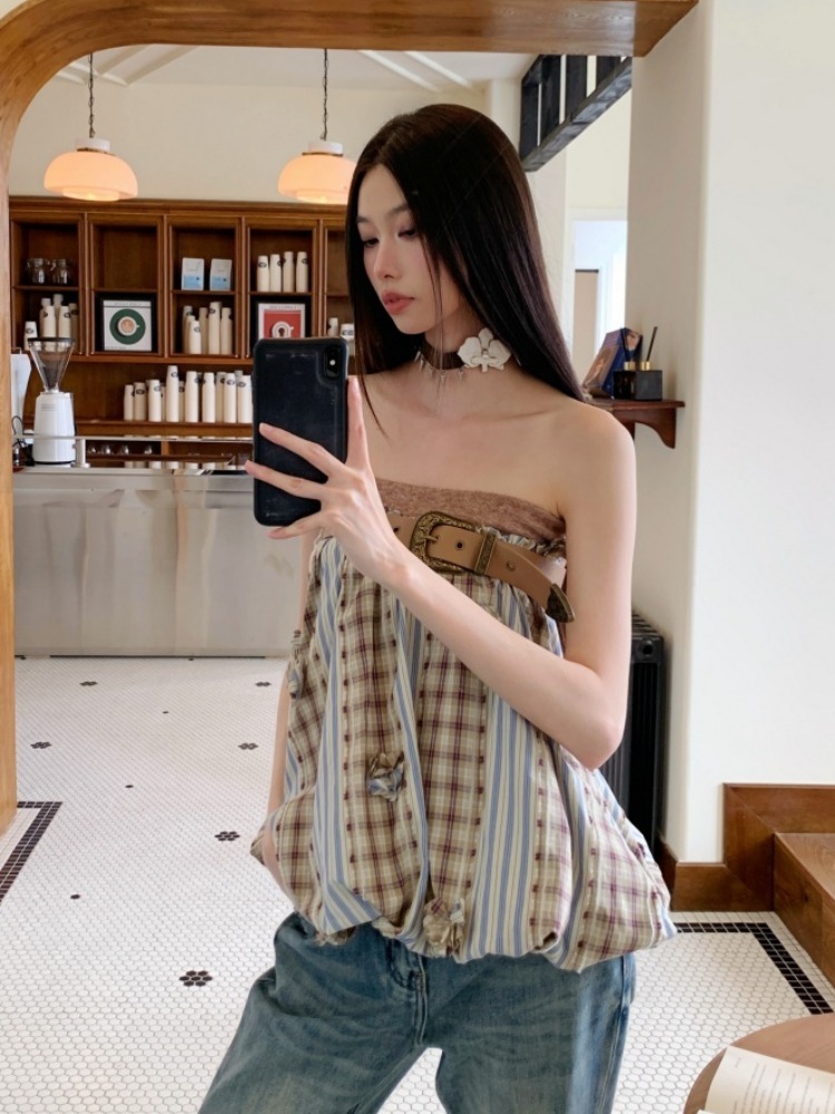 Beige Plaid Patchwork Vintage Floral Strapless Top for Women - Summer Sexy Two-Way Short Skirt, Y2K Style