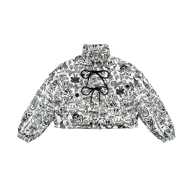 Black and White Graffiti Print Lace-Up Short Cotton Jacket - Urban Street Style, Artist Original Design, Trendy 90s Inspired Fashion
