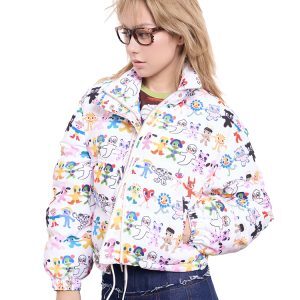 Black and White Graffiti Print Lace-Up Short Cotton Jacket - Urban Street Style, Artist Original Design, Trendy 90s Inspired Fashion