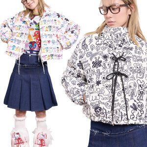 Black and White Graffiti Print Lace-Up Short Cotton Jacket - Urban Street Style, Artist Original Design, Trendy 90s Inspired Fashion