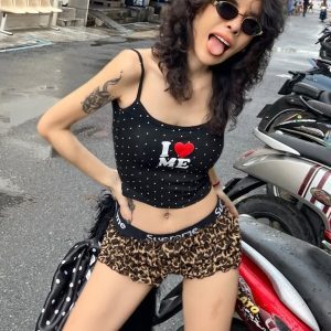 Black and White Polka Dot Letter Love Heart Printed Camisole - Women's Summer Street Fashion Versatile Short Top