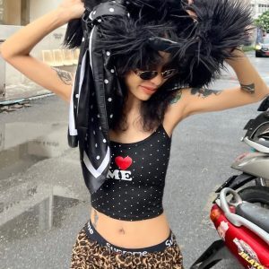 Black and White Polka Dot Letter Love Heart Printed Camisole - Women's Summer Street Fashion Versatile Short Top