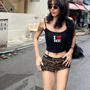 Black and White Polka Dot Letter Love Heart Printed Camisole - Women's Summer Street Fashion Versatile Short Top