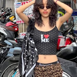 Black and White Polka Dot Letter Love Heart Printed Camisole - Women's Summer Street Fashion Versatile Short Top