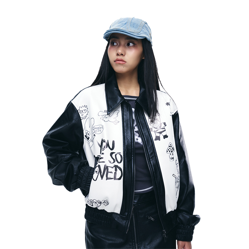 Black and White Printed Leather Motorcycle Jacket with Punk Collar - Trendy Artist Design