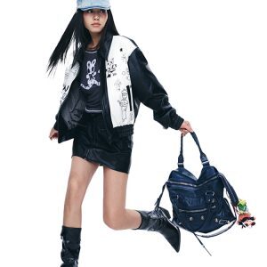 Black and White Printed Leather Motorcycle Jacket with Punk Collar - Trendy Artist Design