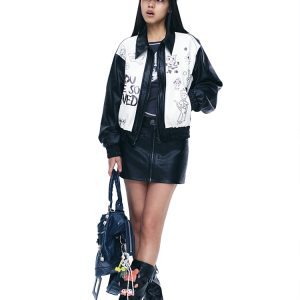 Black and White Printed Leather Motorcycle Jacket with Punk Collar - Trendy Artist Design