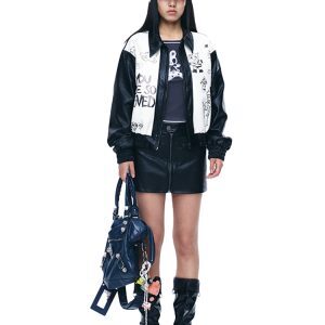 Black and White Printed Leather Motorcycle Jacket with Punk Collar - Trendy Artist Design